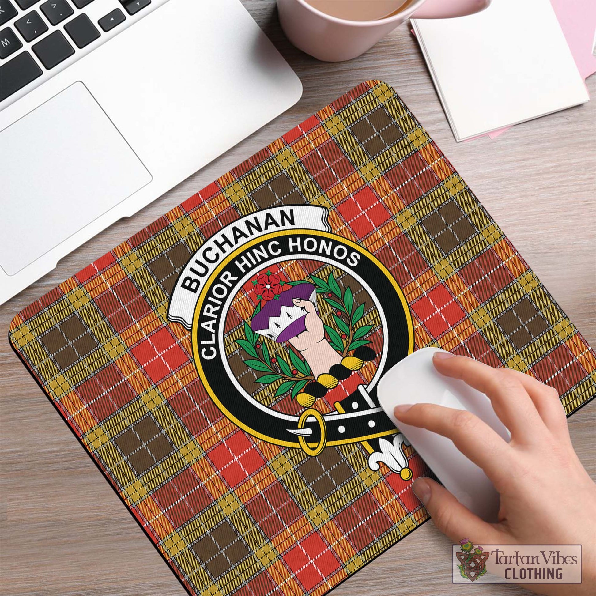 Tartan Vibes Clothing Buchanan Old Set Weathered Tartan Mouse Pad with Family Crest