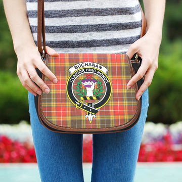 Buchanan Old Set Weathered Tartan Saddle Bag with Family Crest