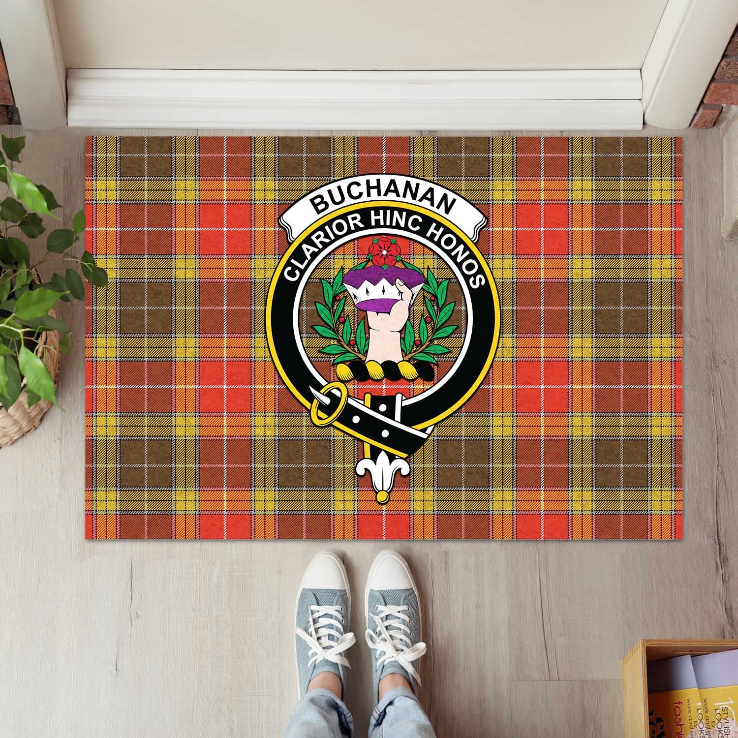 Buchanan Old Set Weathered Tartan Door Mat with Family Crest - Tartanvibesclothing