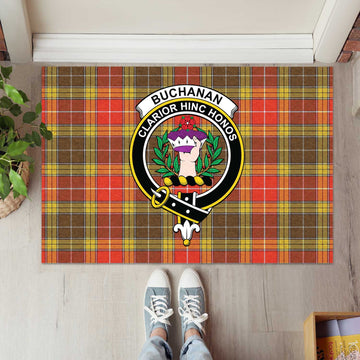 Buchanan Old Set Weathered Tartan Door Mat with Family Crest