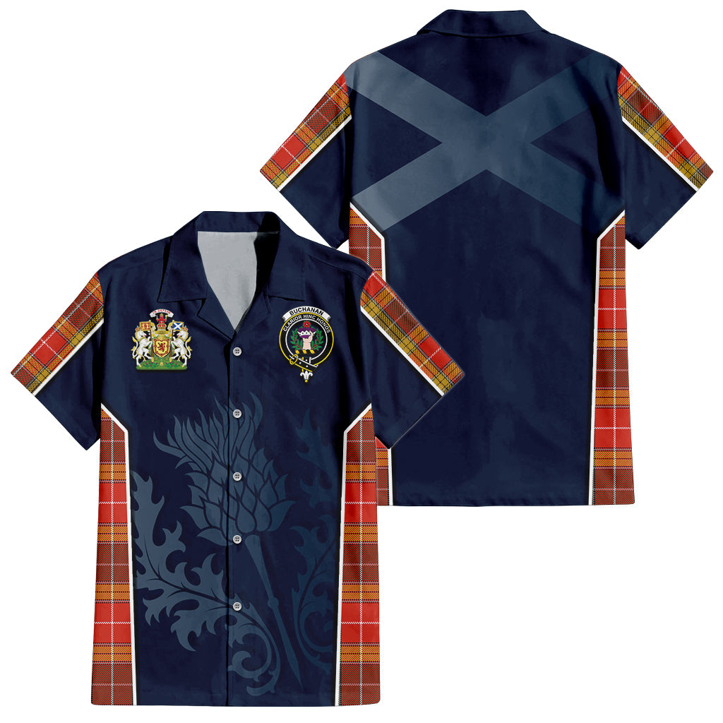 Tartan Vibes Clothing Buchanan Old Set Weathered Tartan Short Sleeve Button Up Shirt with Family Crest and Scottish Thistle Vibes Sport Style