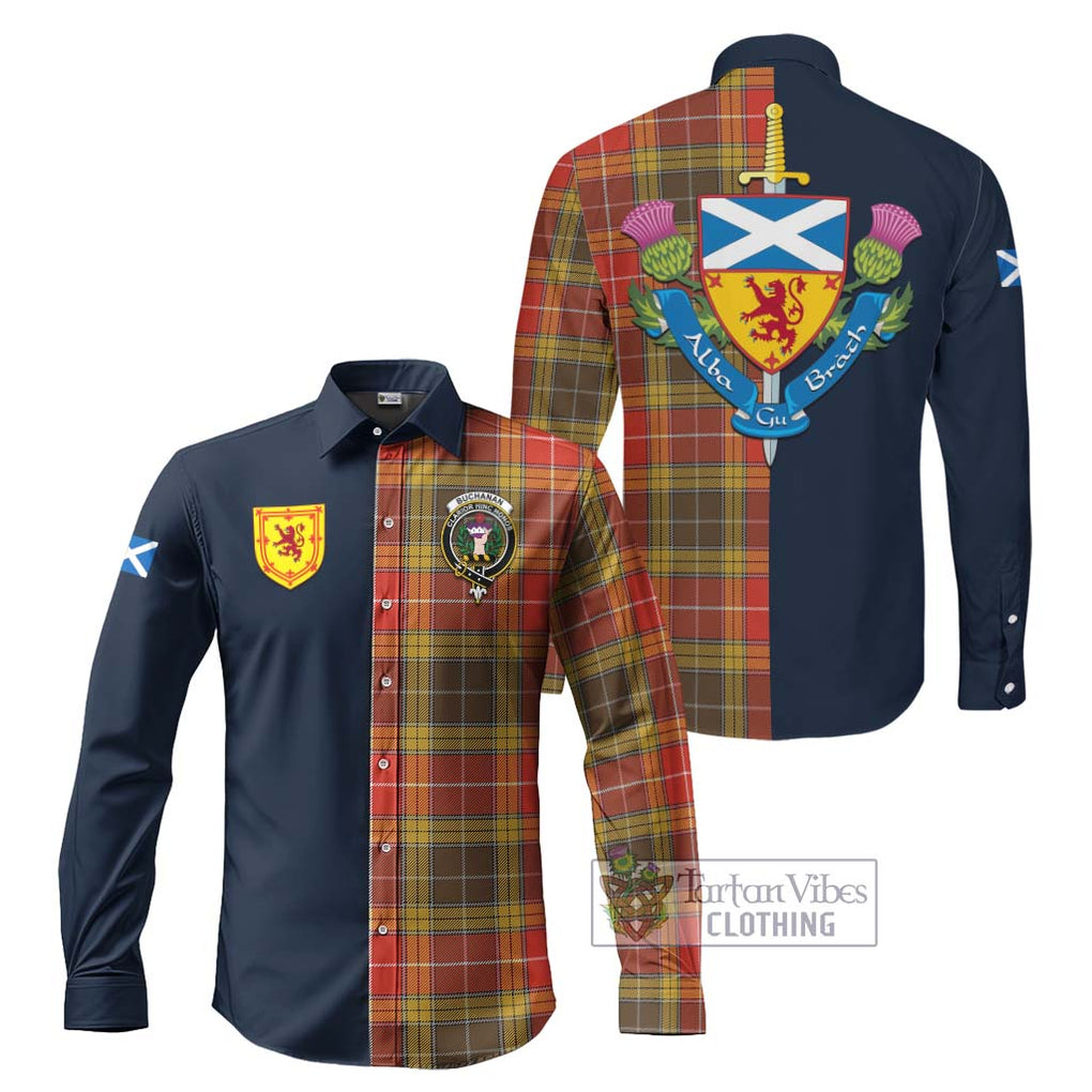 Tartan Vibes Clothing Buchanan Old Set Weathered Tartan Long Sleeve Button Shirt with Scottish Lion Royal Arm Half Style