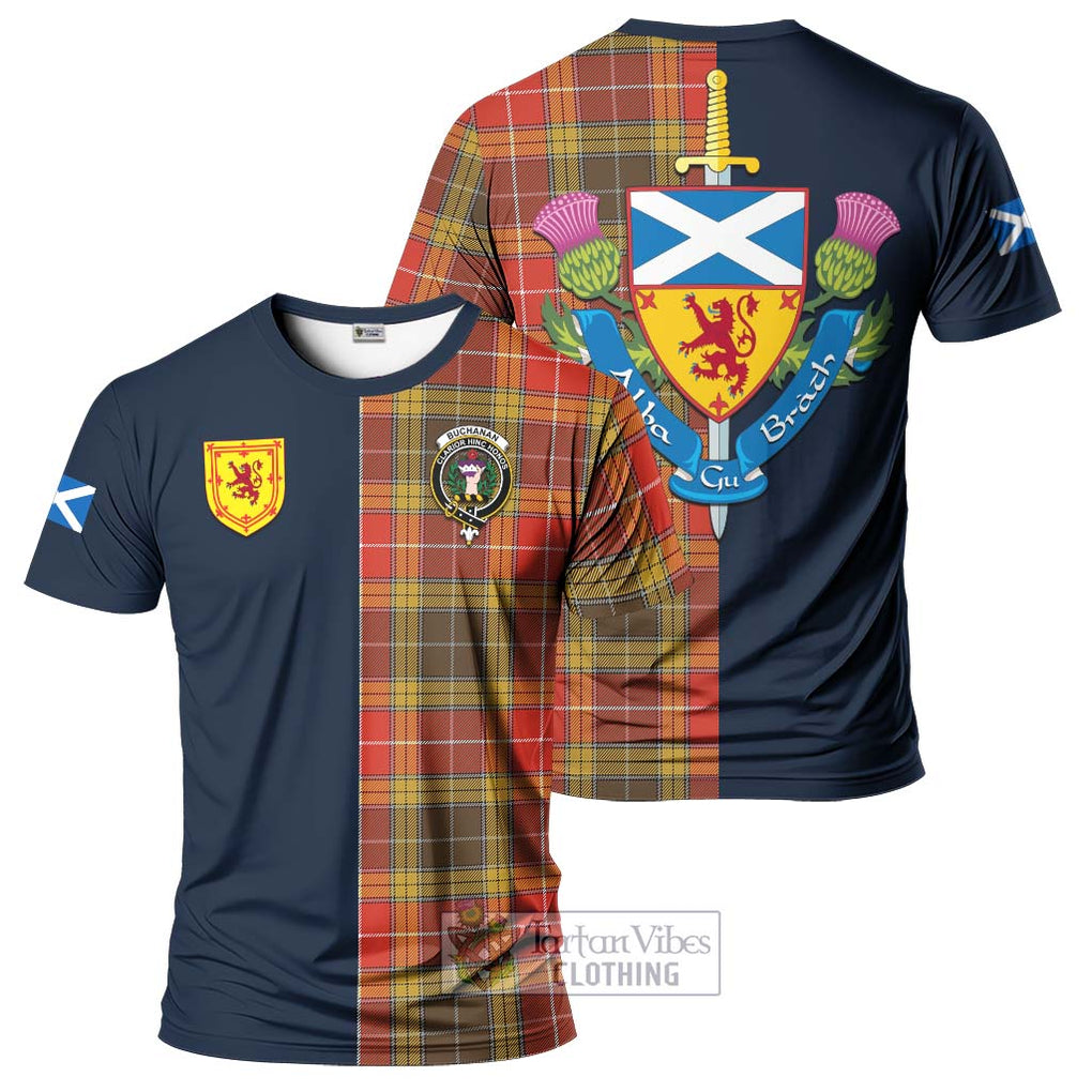 Tartan Vibes Clothing Buchanan Old Set Weathered Tartan T-Shirt Alba with Scottish Lion Royal Arm Half Style