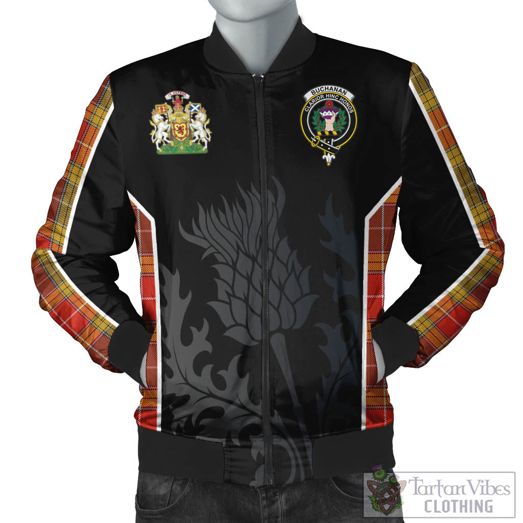 Tartan Vibes Clothing Buchanan Old Set Weathered Tartan Bomber Jacket with Family Crest and Scottish Thistle Vibes Sport Style