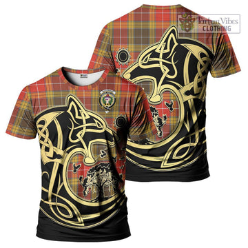 Buchanan Old Set Weathered Tartan T-Shirt with Family Crest Celtic Wolf Style