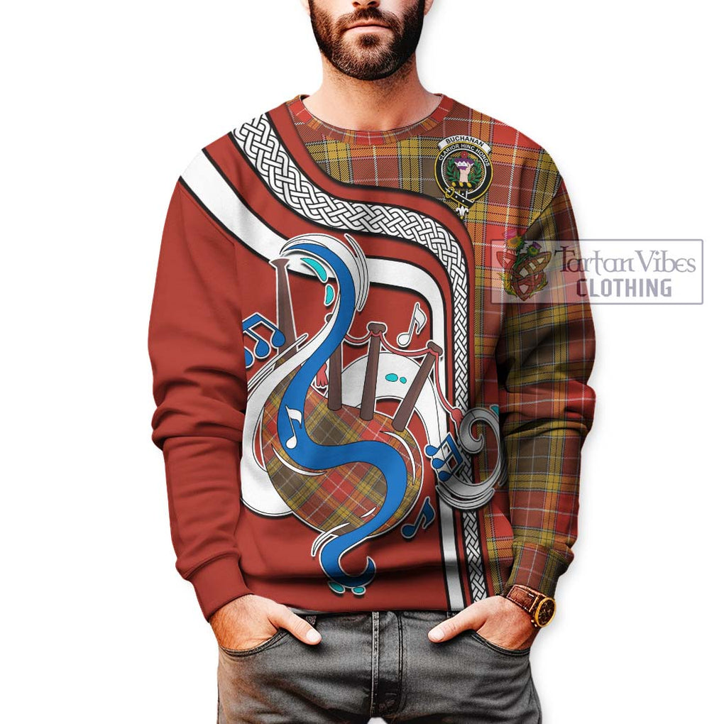 Buchanan Old Set Weathered Tartan Sweatshirt with Epic Bagpipe Style Unisex - Tartanvibesclothing Shop