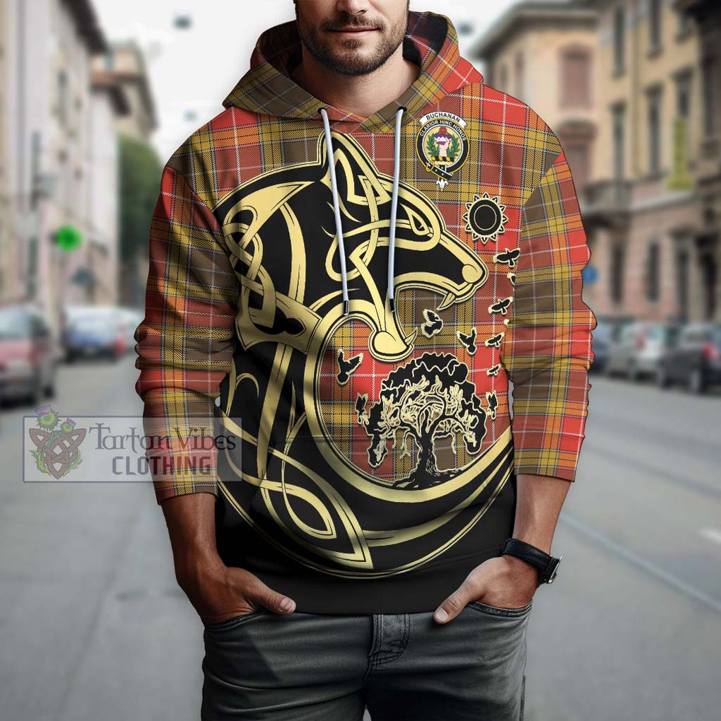 Buchanan Old Set Weathered Tartan Hoodie with Family Crest Celtic Wolf Style Zip Hoodie - Tartan Vibes Clothing