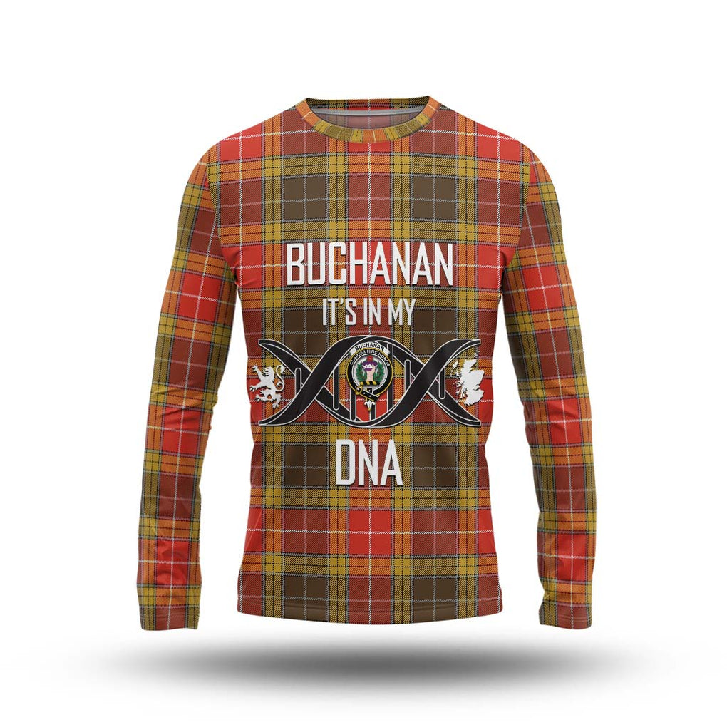 Buchanan Old Set Weathered Tartan Long Sleeve T-Shirt with Family Crest DNA In Me Style Unisex - Tartanvibesclothing Shop