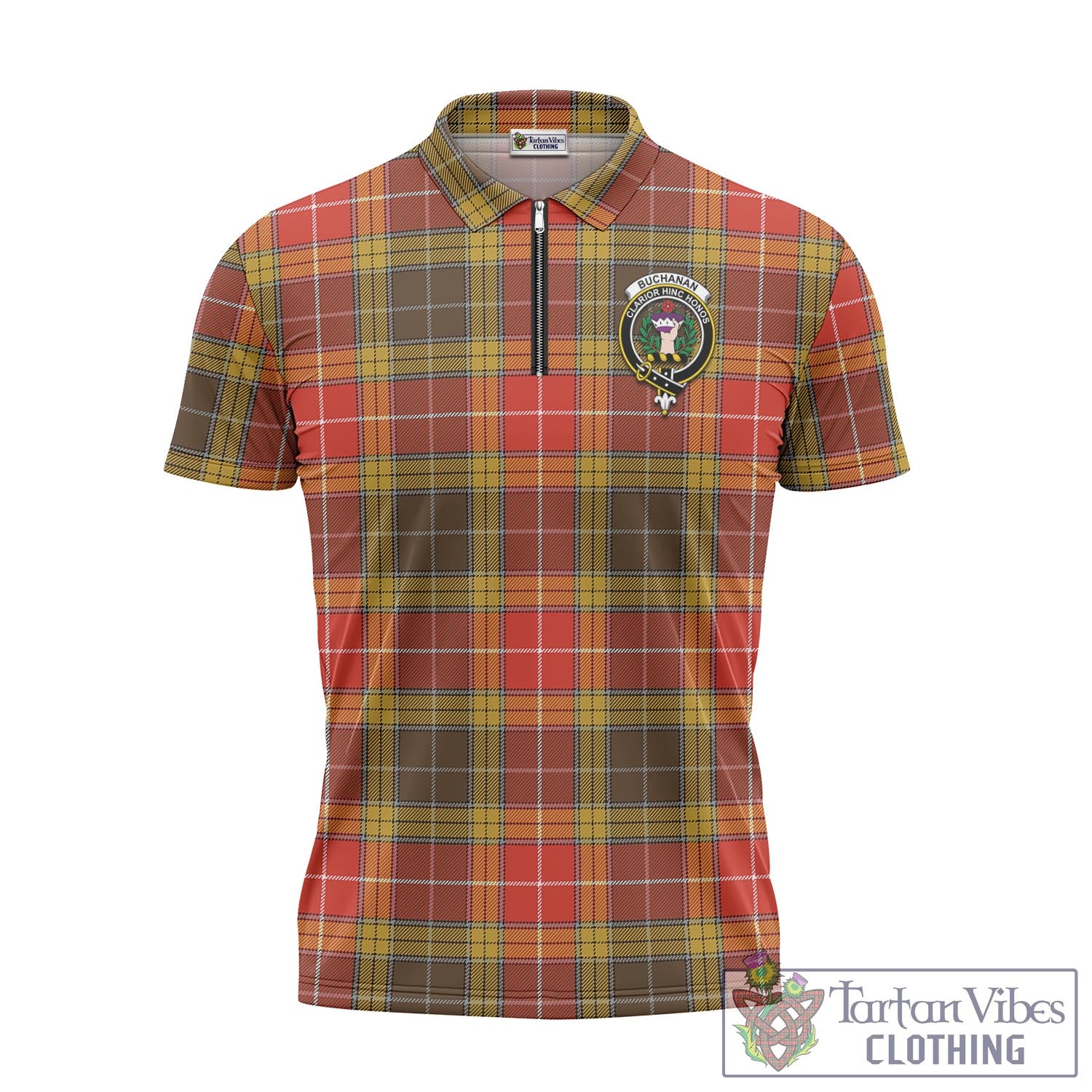 Tartan Vibes Clothing Buchanan Old Set Weathered Tartan Zipper Polo Shirt with Family Crest