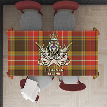 Buchanan Old Set Weathered Tartan Tablecloth with Clan Crest and the Golden Sword of Courageous Legacy