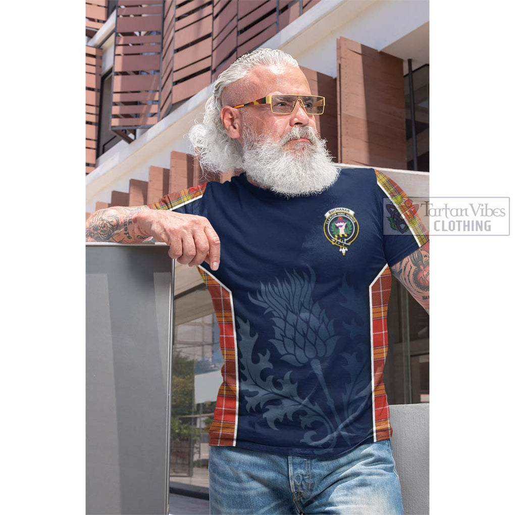 Tartan Vibes Clothing Buchanan Old Set Weathered Tartan Cotton T-shirt with Family Crest and Scottish Thistle Vibes Sport Style