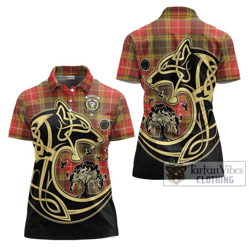 Buchanan Old Set Weathered Tartan Women's Polo Shirt with Family Crest Celtic Wolf Style Women - Tartanvibesclothing Shop