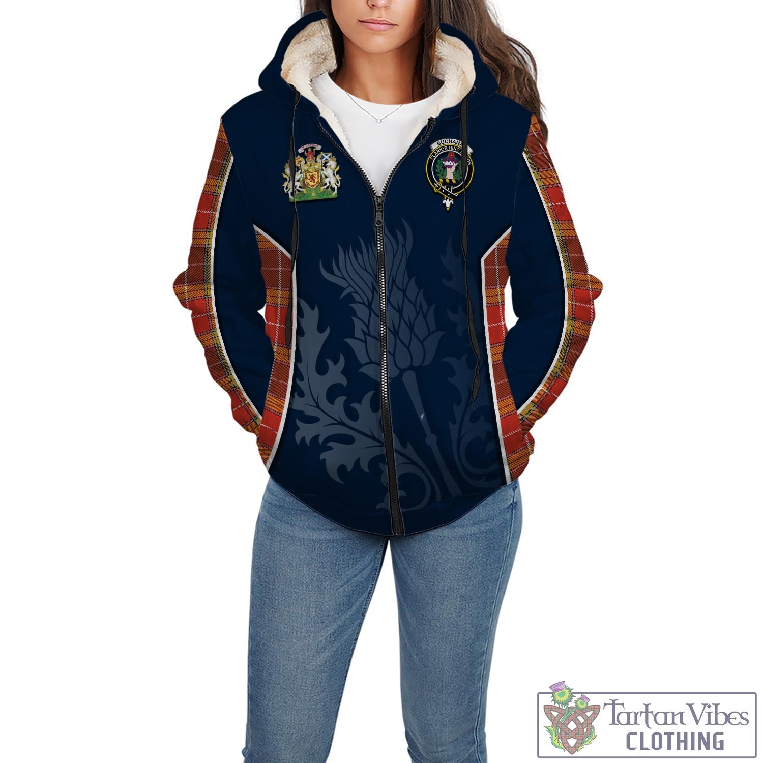 Tartan Vibes Clothing Buchanan Old Set Weathered Tartan Sherpa Hoodie with Family Crest and Scottish Thistle Vibes Sport Style