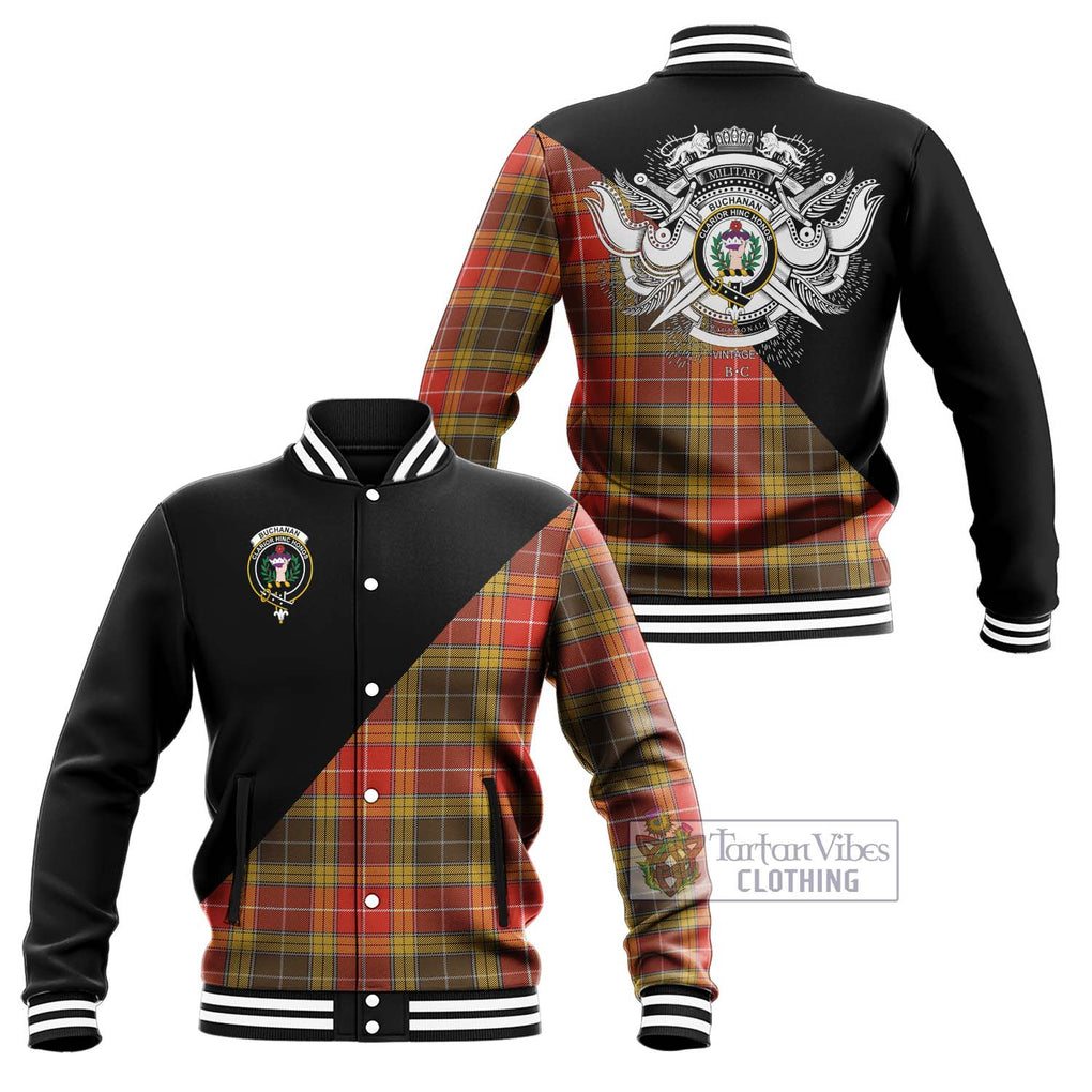 Buchanan Old Set Weathered Tartan Baseball Jacket with Family Crest and Military Logo Style Unisex - Tartanvibesclothing Shop