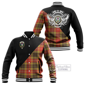 Buchanan Old Set Weathered Tartan Baseball Jacket with Family Crest and Military Logo Style