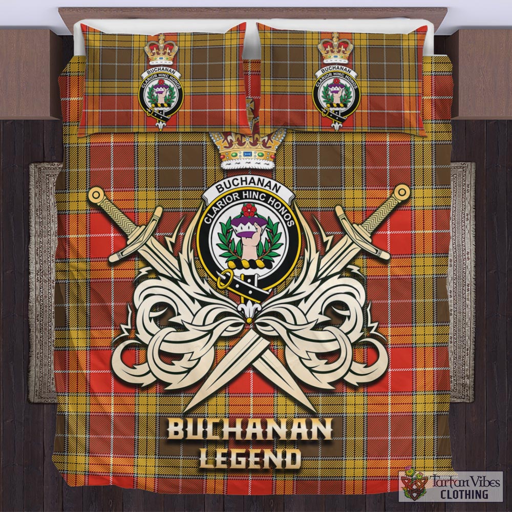 Tartan Vibes Clothing Buchanan Old Set Weathered Tartan Bedding Set with Clan Crest and the Golden Sword of Courageous Legacy