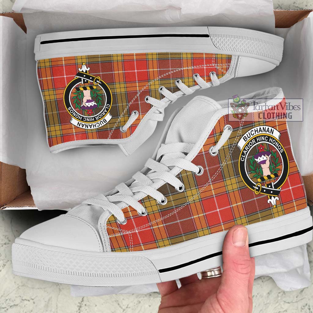 Tartan Vibes Clothing Buchanan Old Set Weathered Tartan High Top Shoes with Family Crest