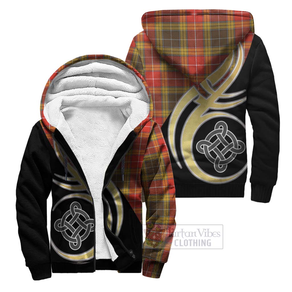 Buchanan Old Set Weathered Tartan Sherpa Hoodie with Family Crest and Celtic Symbol Style Unisex S - Tartan Vibes Clothing