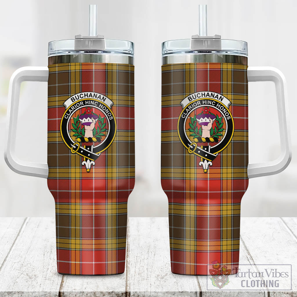 Tartan Vibes Clothing Buchanan Old Set Weathered Tartan and Family Crest Tumbler with Handle