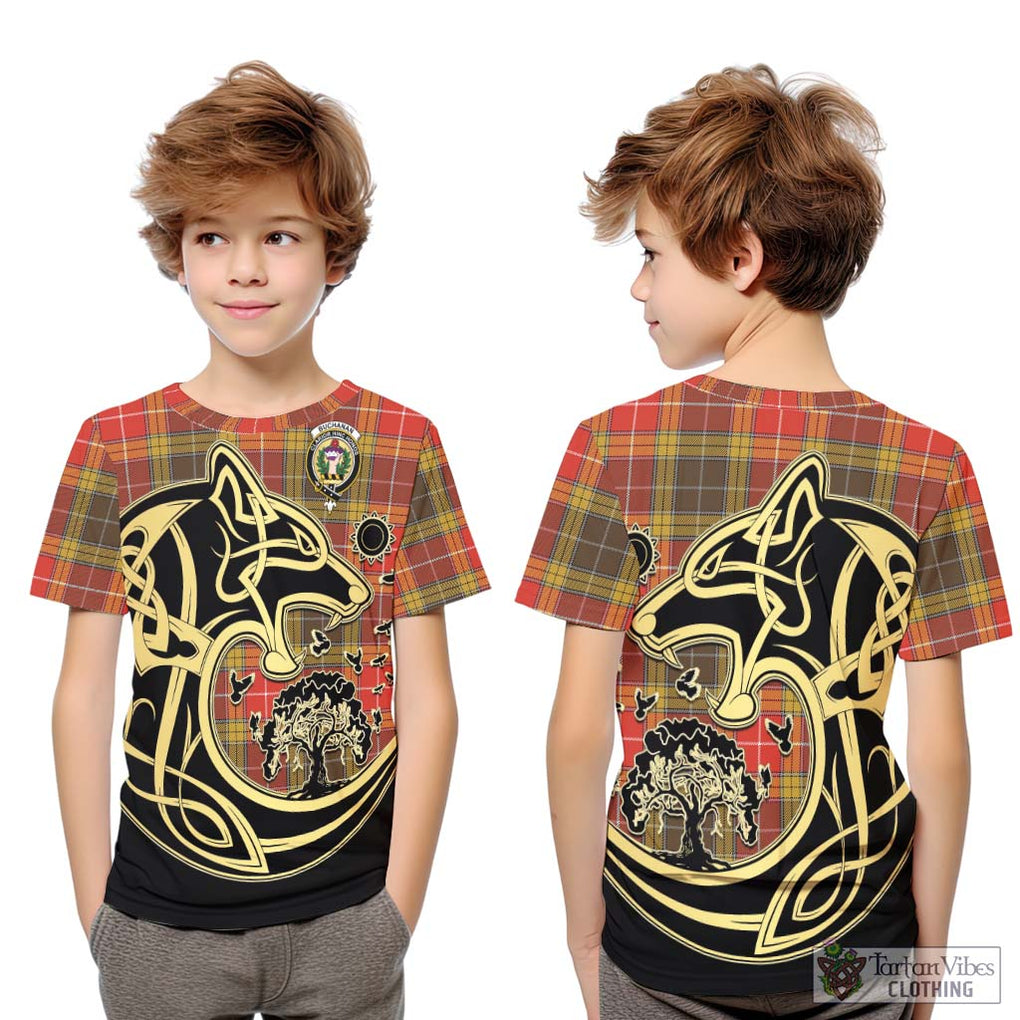 Buchanan Old Set Weathered Tartan Kid T-Shirt with Family Crest Celtic Wolf Style Youth XL Size14 - Tartan Vibes Clothing