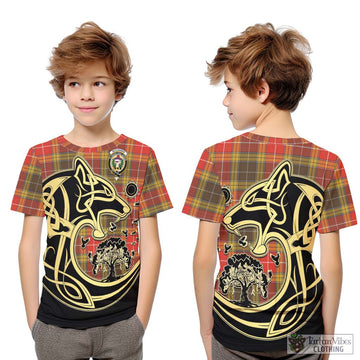 Buchanan Old Set Weathered Tartan Kid T-Shirt with Family Crest Celtic Wolf Style