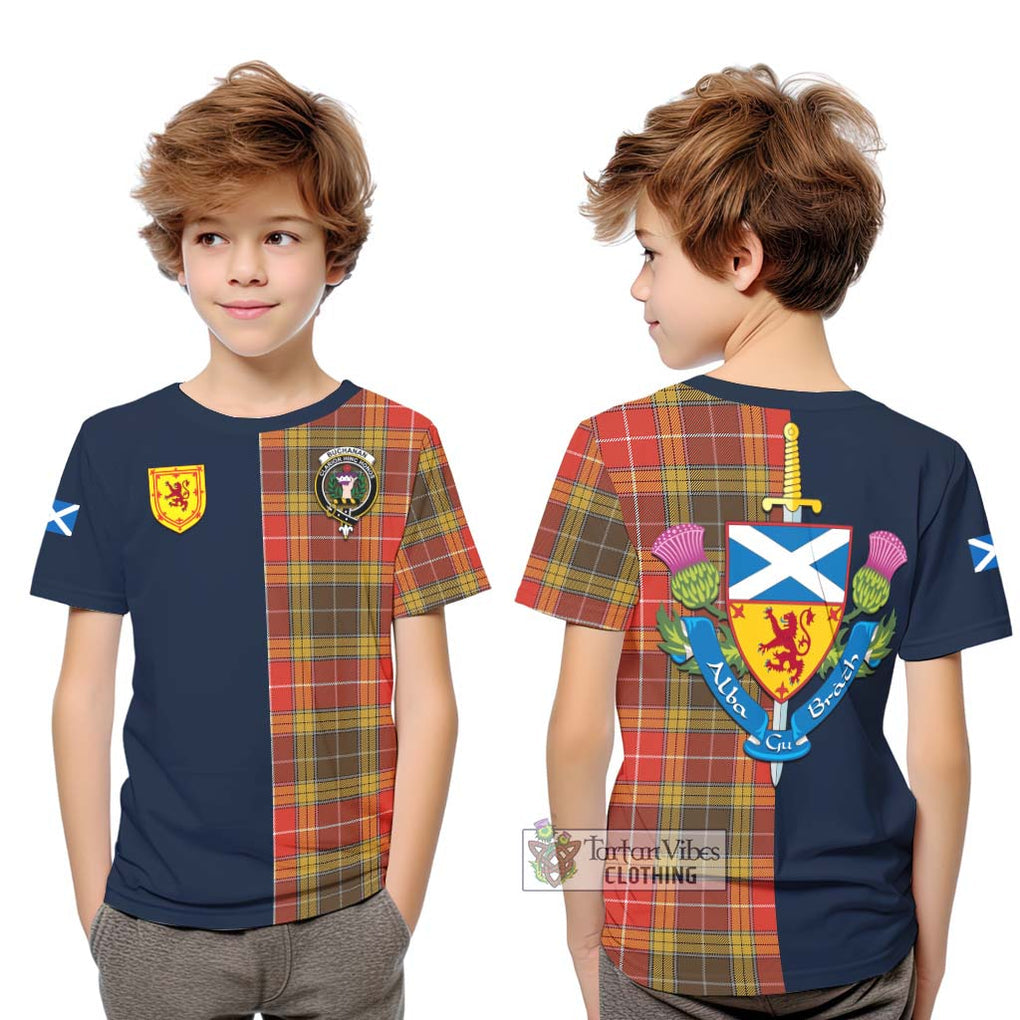 Tartan Vibes Clothing Buchanan Old Set Weathered Tartan Kid T-Shirt with Scottish Lion Royal Arm Half Style