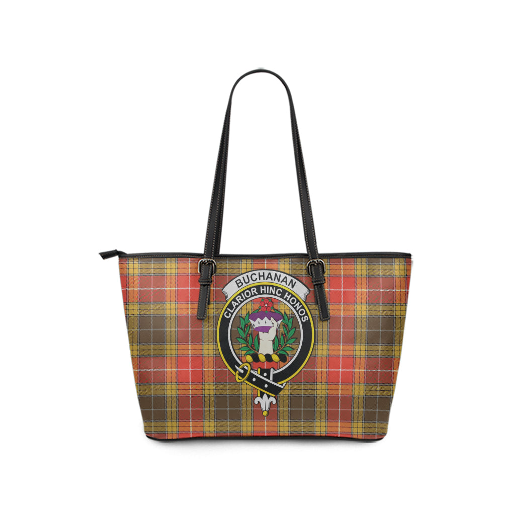 Buchanan Old Set Weathered Tartan Leather Tote Bag with Family Crest - Tartanvibesclothing