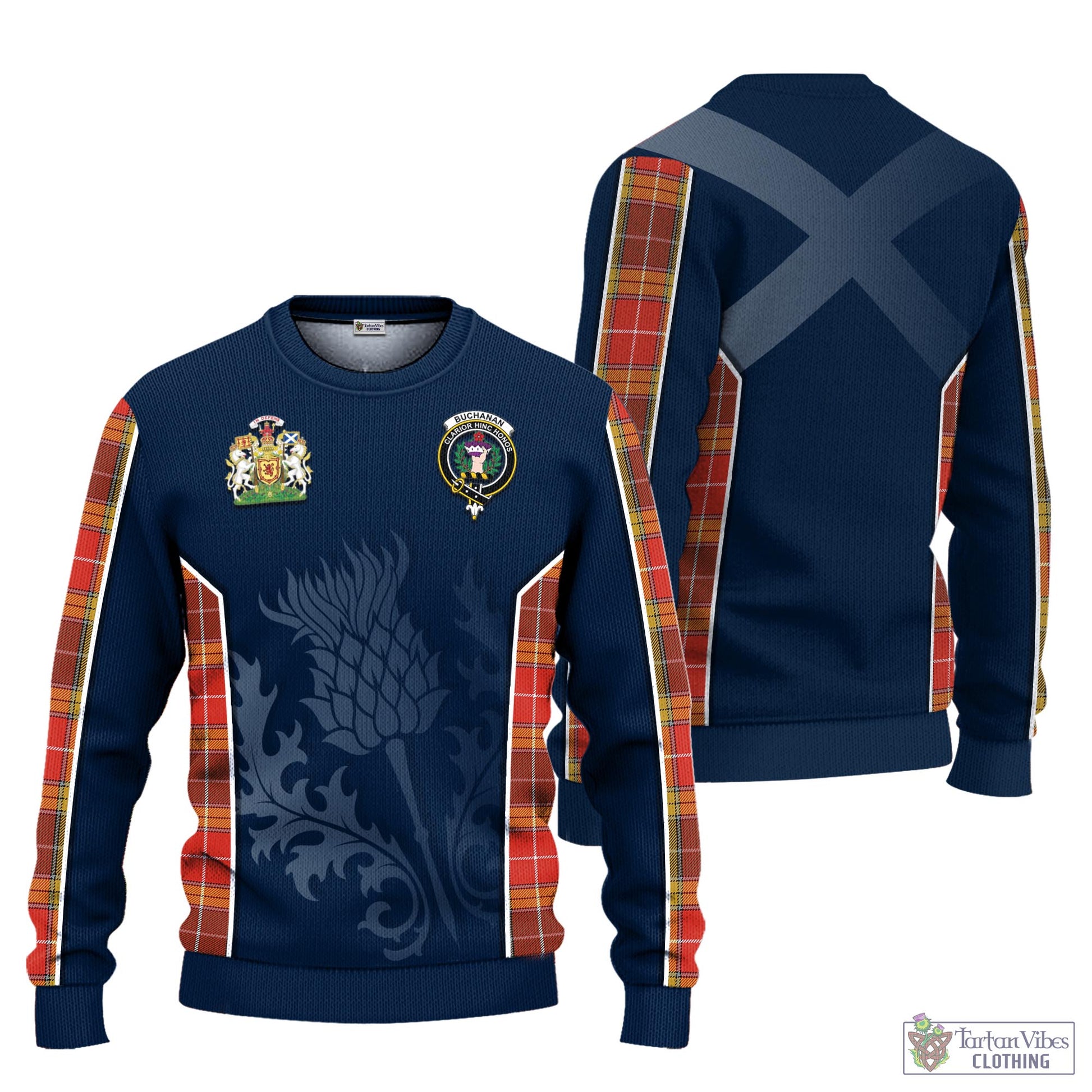 Tartan Vibes Clothing Buchanan Old Set Weathered Tartan Knitted Sweatshirt with Family Crest and Scottish Thistle Vibes Sport Style