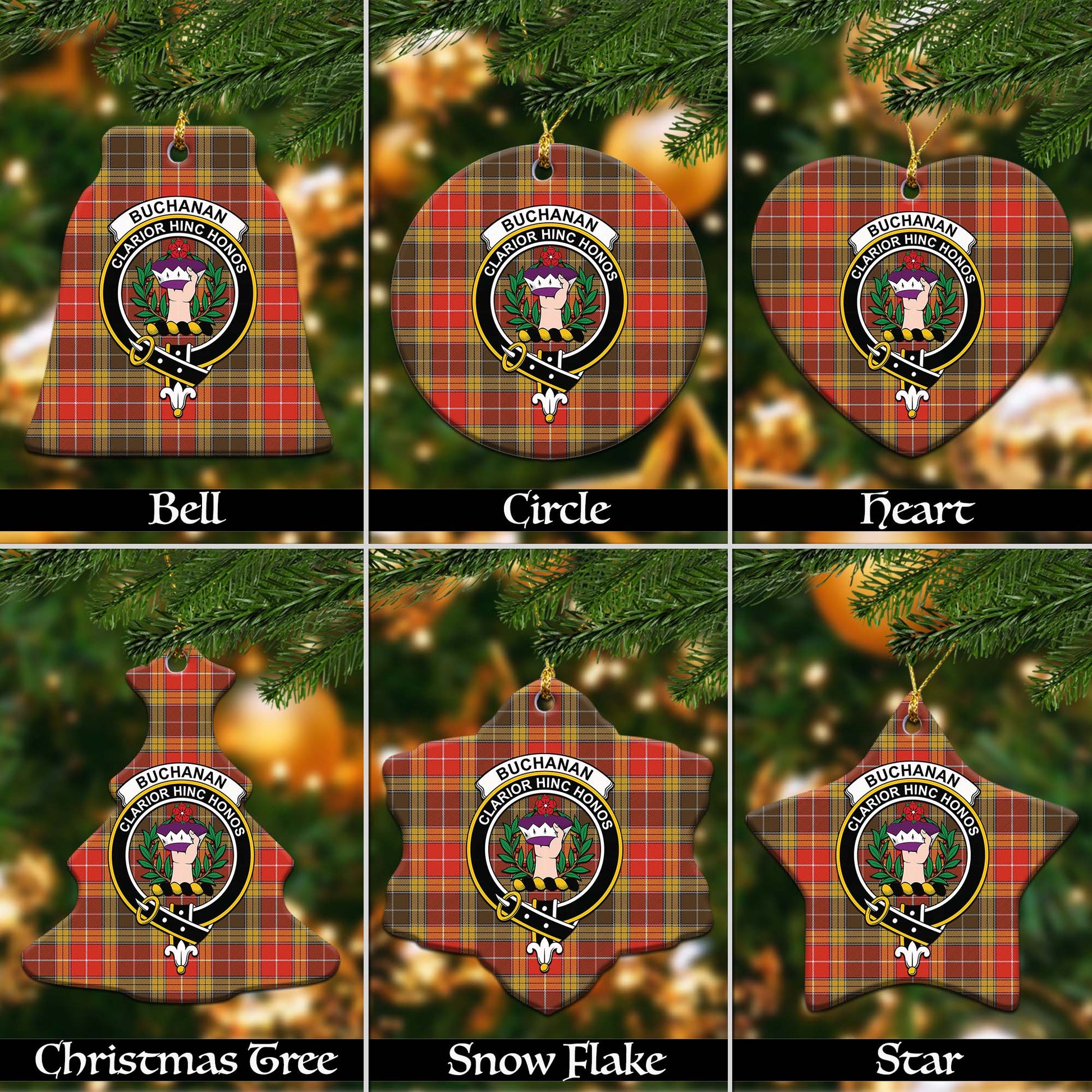 Buchanan Old Set Weathered Tartan Christmas Ornaments with Family Crest Ceramic Bell Pack 1: ornament * 1 piece - Tartanvibesclothing