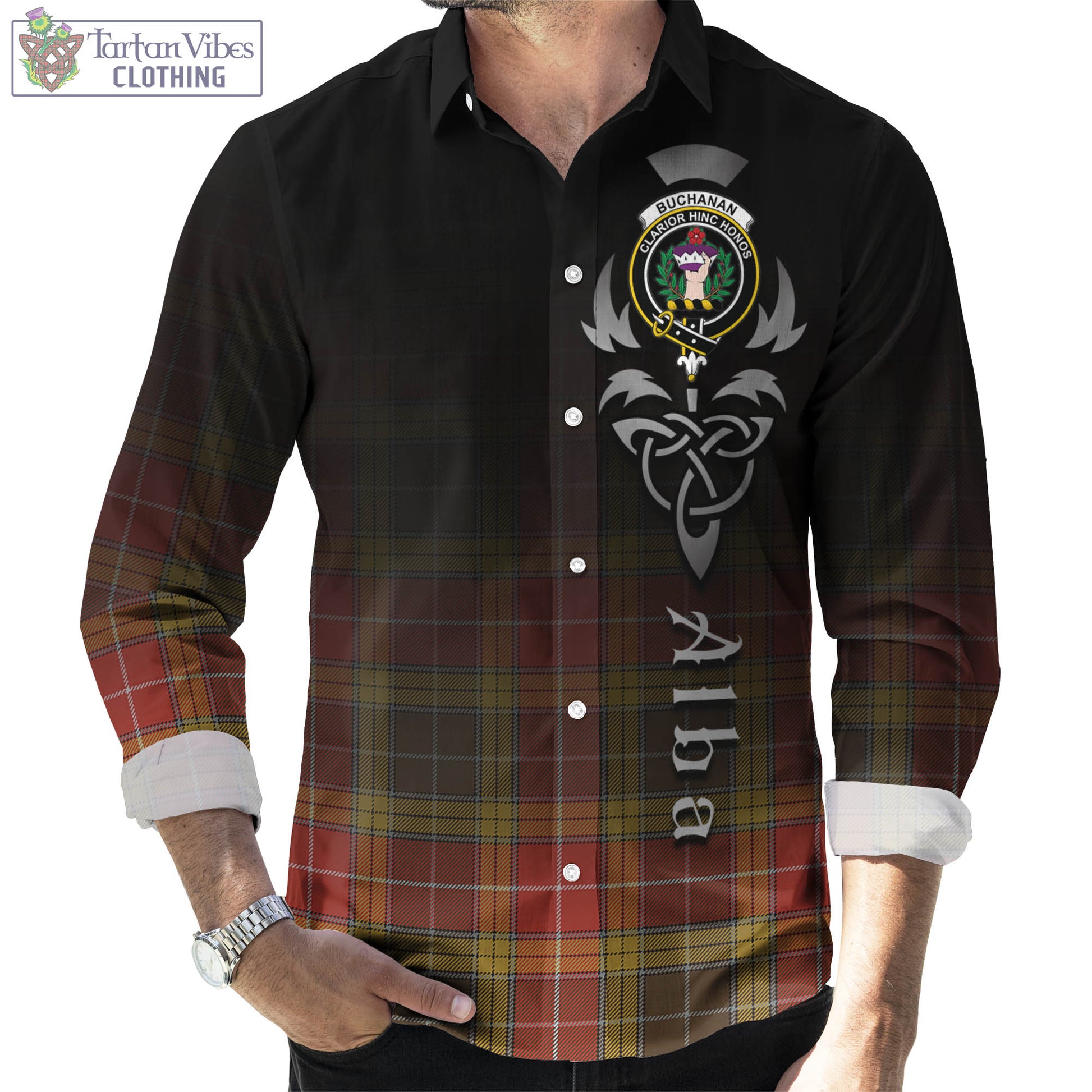 Tartan Vibes Clothing Buchanan Old Set Weathered Tartan Long Sleeve Button Up Featuring Alba Gu Brath Family Crest Celtic Inspired