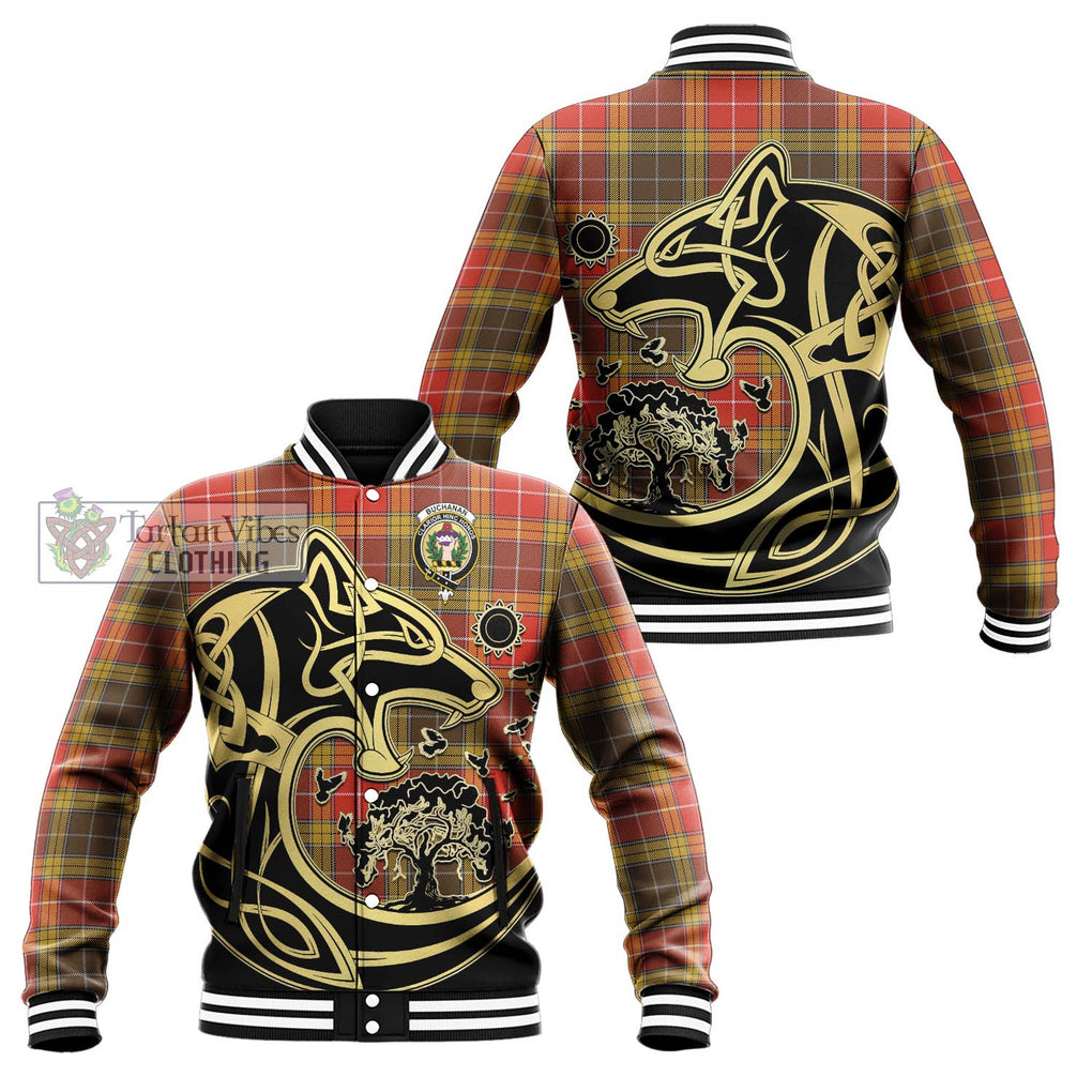 Buchanan Old Set Weathered Tartan Baseball Jacket with Family Crest Celtic Wolf Style Unisex - Tartan Vibes Clothing