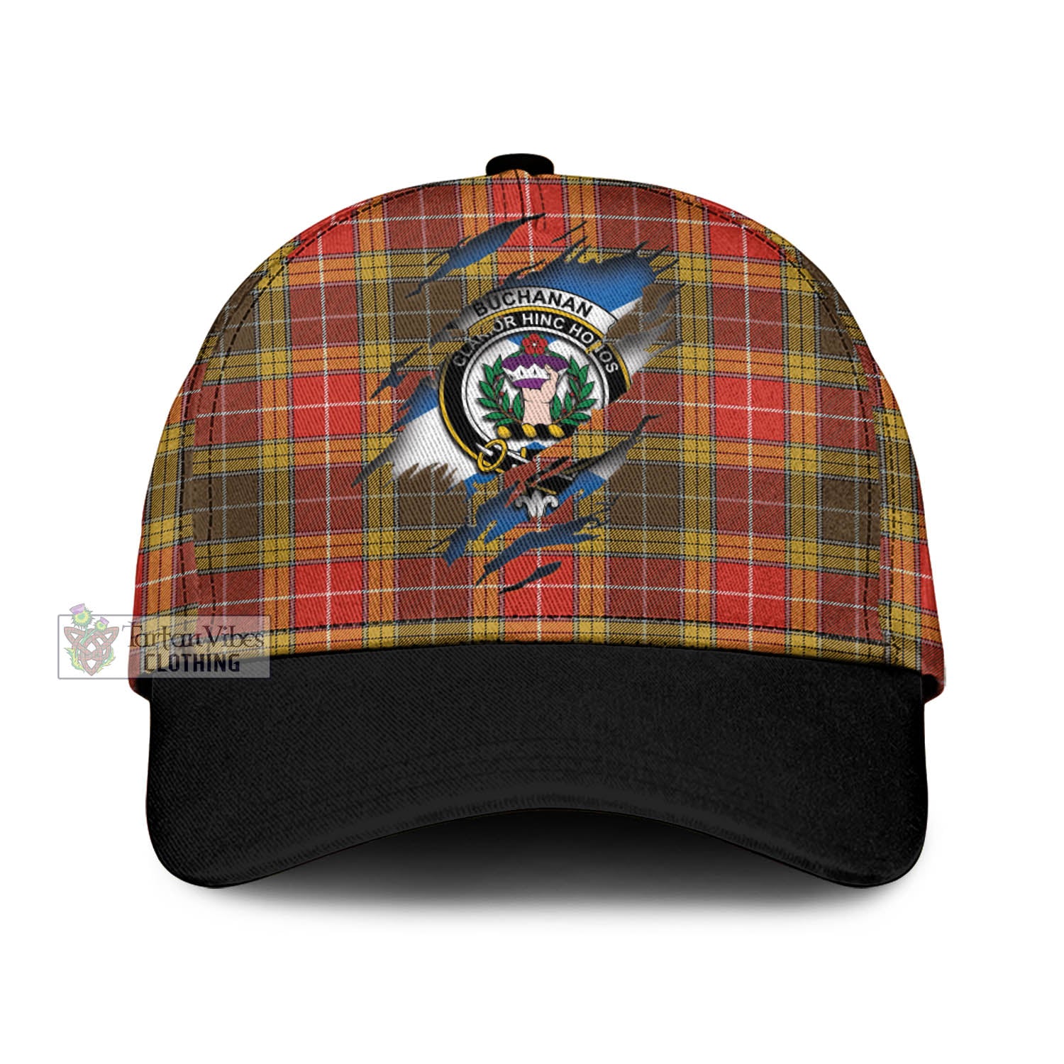 Tartan Vibes Clothing Buchanan Old Set Weathered Tartan Classic Cap with Family Crest In Me Style