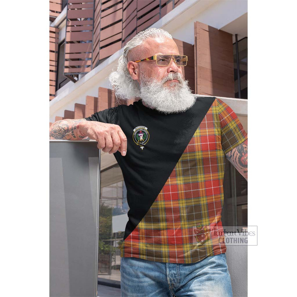 Tartan Vibes Clothing Buchanan Old Set Weathered Tartan Cotton T-shirt with Family Crest and Military Logo Style