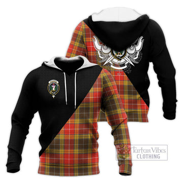 Buchanan Old Set Weathered Tartan Knitted Hoodie with Family Crest and Military Logo Style