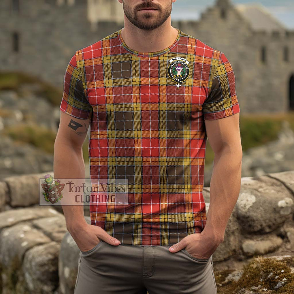 Buchanan Old Set Weathered Tartan Cotton T-Shirt with Family Crest Men's Shirt - Tartanvibesclothing Shop