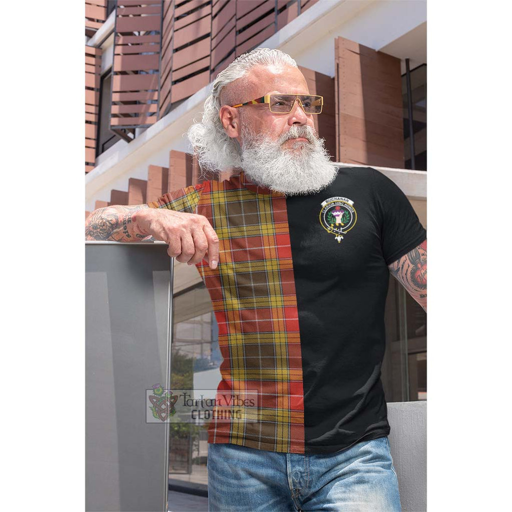 Tartan Vibes Clothing Buchanan Old Set Weathered Tartan Cotton T-shirt with Family Crest and Half Of Me Style