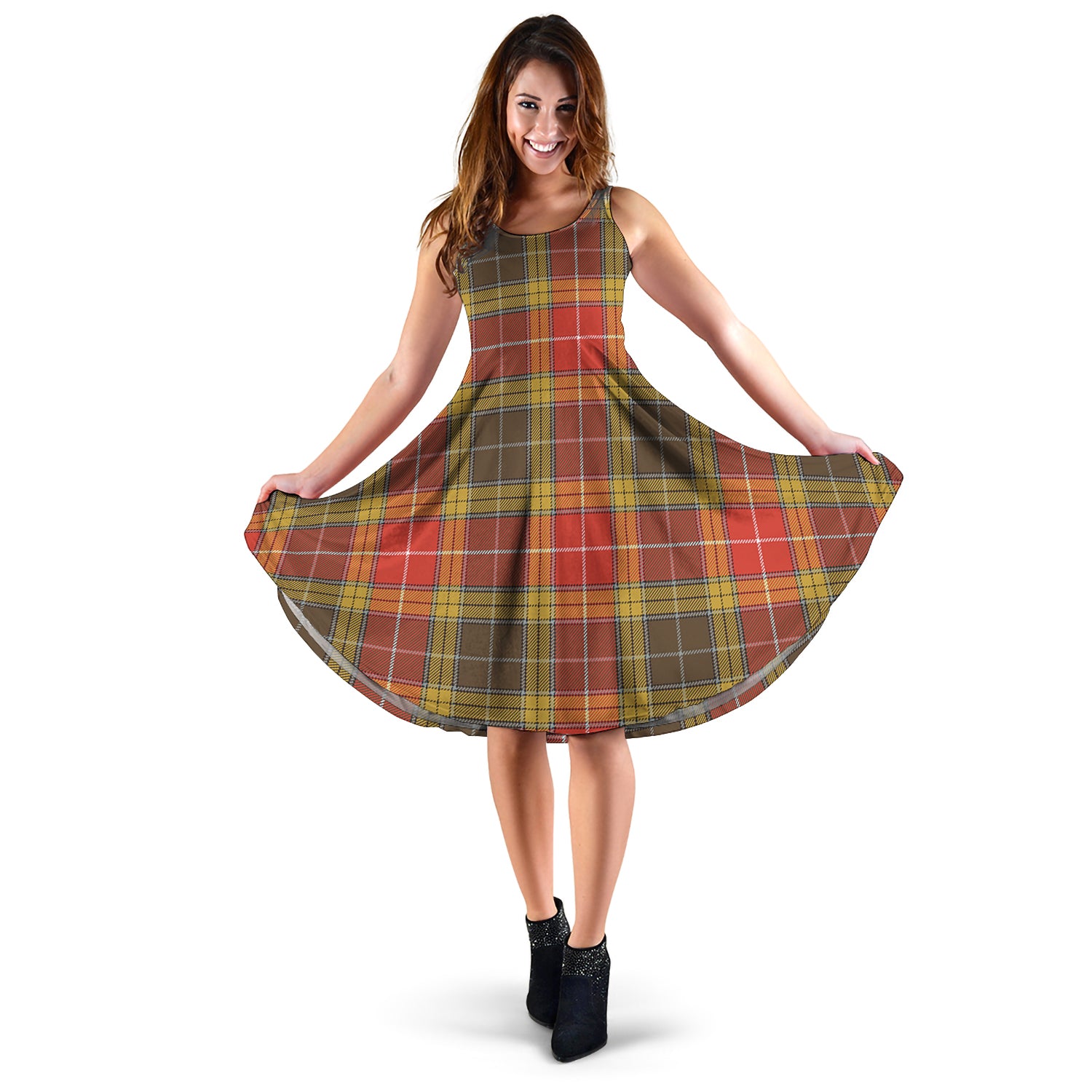 Buchanan Old Set Weathered Tartan Sleeveless Midi Womens Dress - Tartanvibesclothing