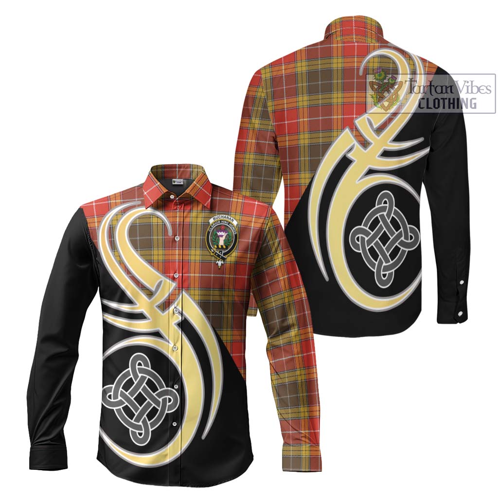 Buchanan Old Set Weathered Tartan Long Sleeve Button Shirt with Family Crest and Celtic Symbol Style Men's Shirt S - Tartan Vibes Clothing