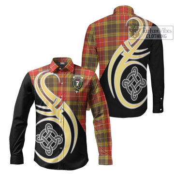 Buchanan Old Set Weathered Tartan Long Sleeve Button Shirt with Family Crest and Celtic Symbol Style