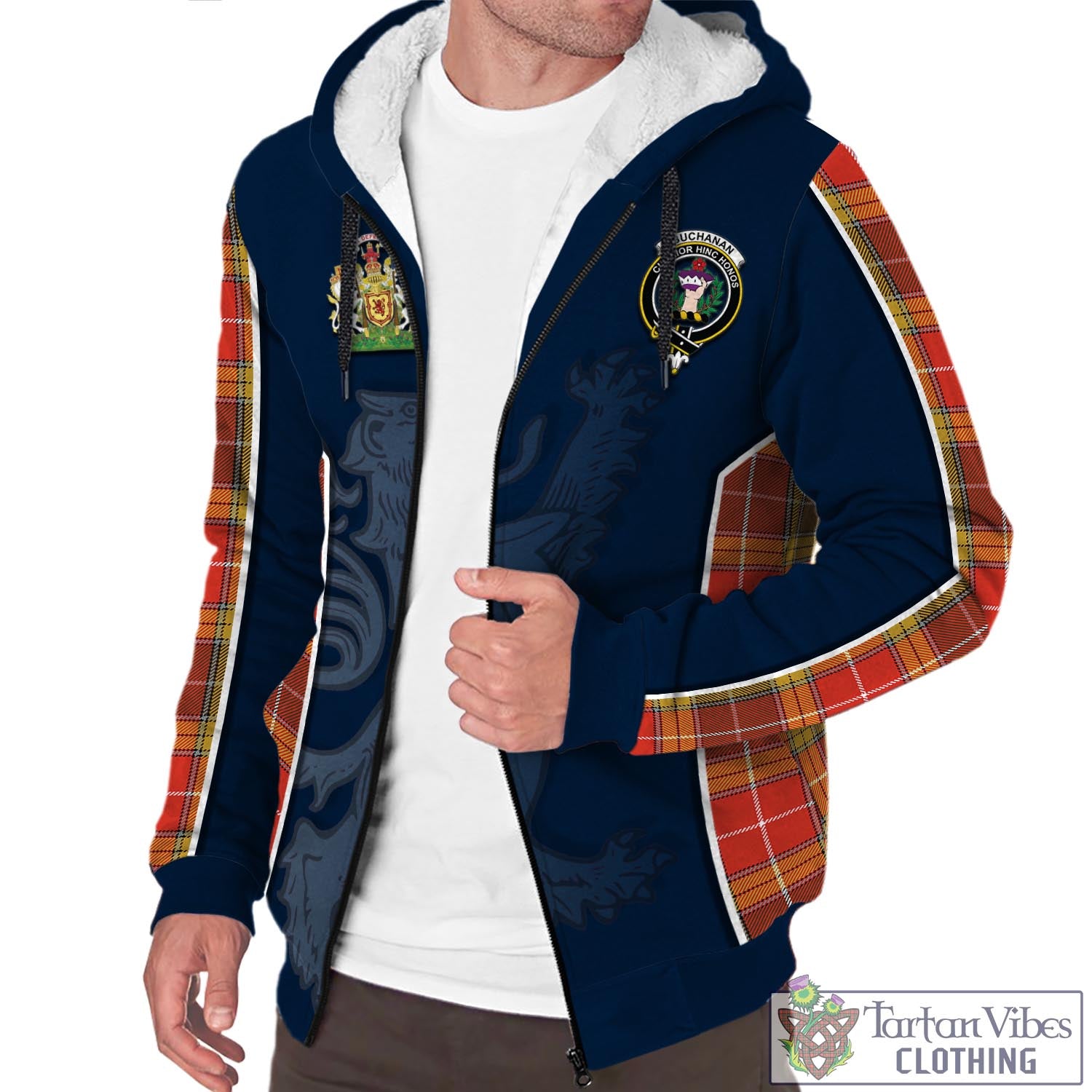 Tartan Vibes Clothing Buchanan Old Set Weathered Tartan Sherpa Hoodie with Family Crest and Lion Rampant Vibes Sport Style