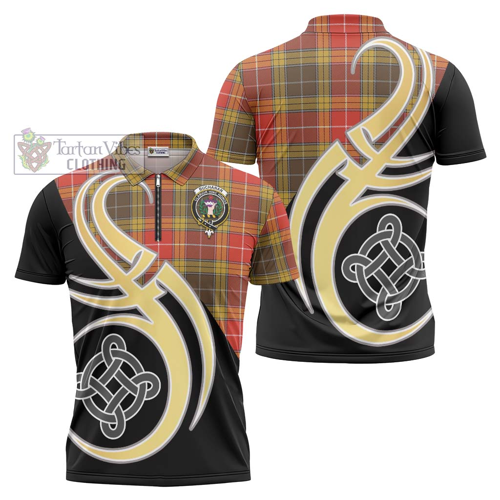 Tartan Vibes Clothing Buchanan Old Set Weathered Tartan Zipper Polo Shirt with Family Crest and Celtic Symbol Style