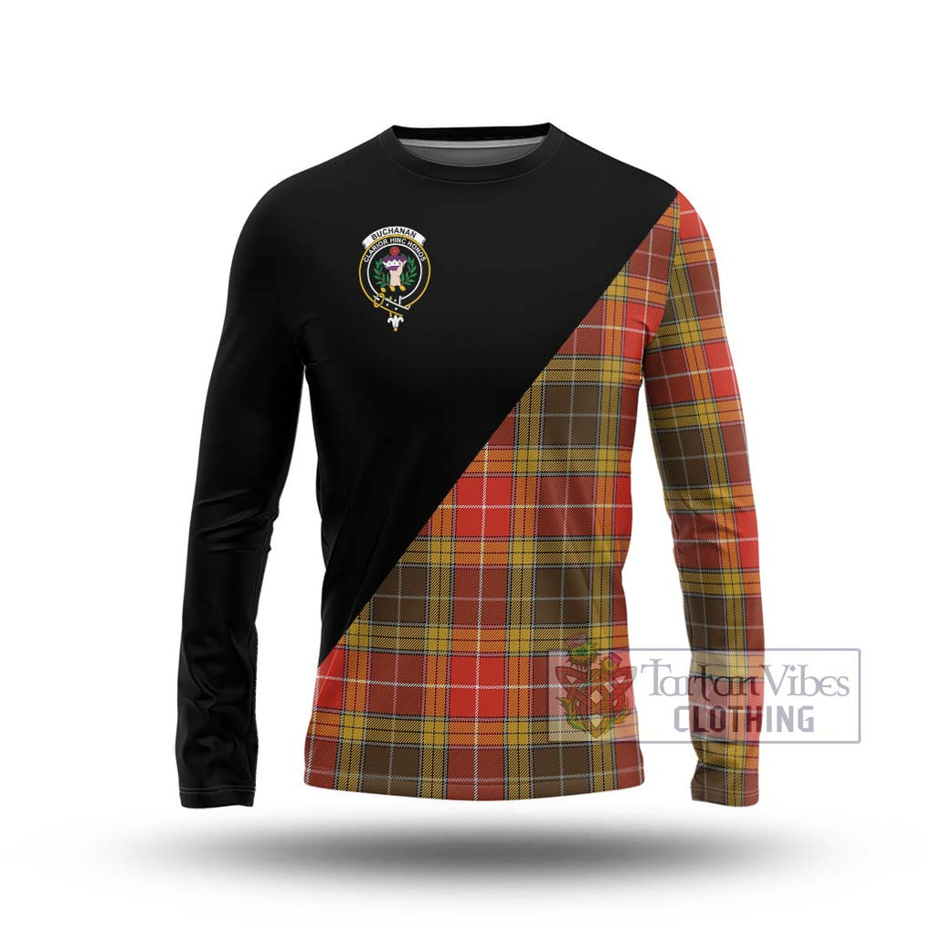 Buchanan Old Set Weathered Tartan Long Sleeve T-Shirt with Family Crest and Military Logo Style Unisex - Tartanvibesclothing Shop