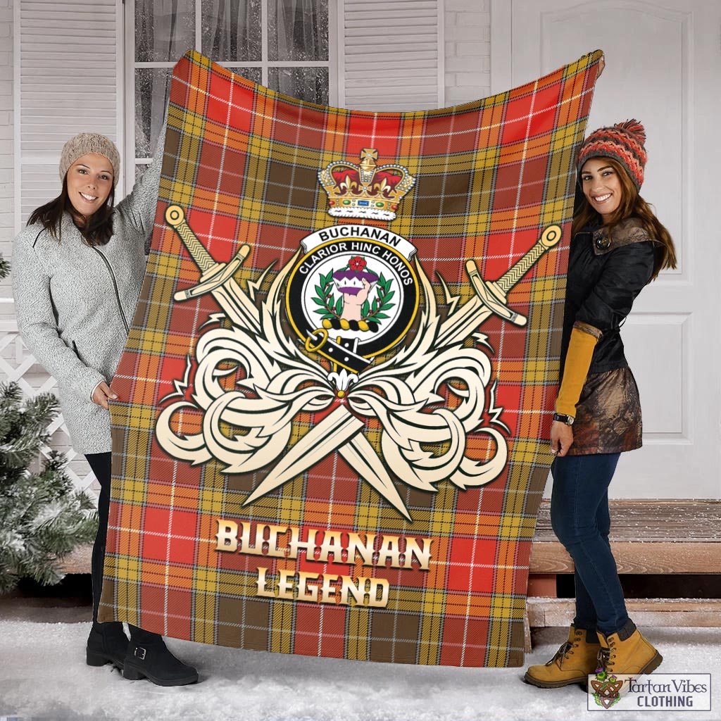 Tartan Vibes Clothing Buchanan Old Set Weathered Tartan Blanket with Clan Crest and the Golden Sword of Courageous Legacy