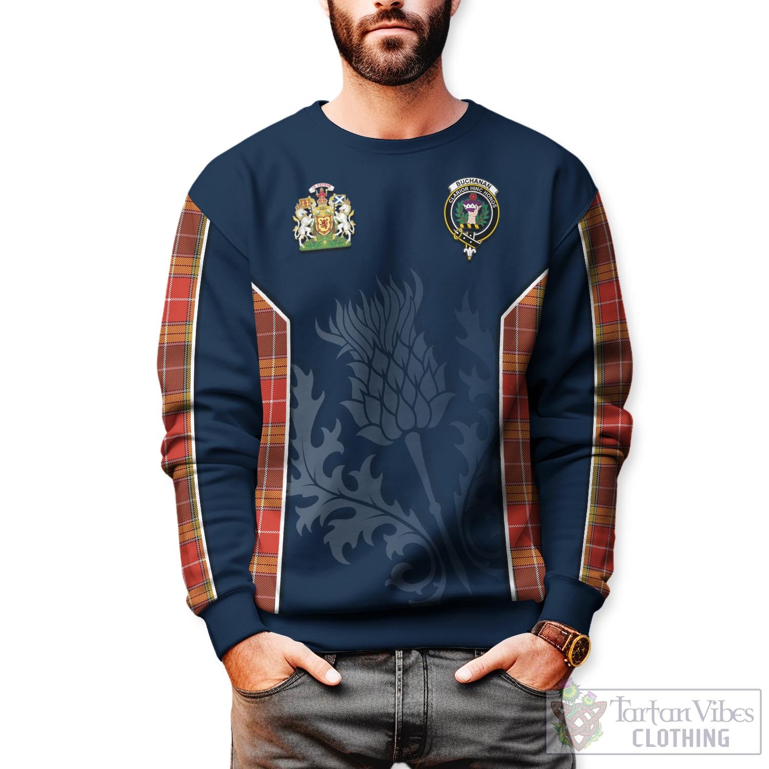 Tartan Vibes Clothing Buchanan Old Set Weathered Tartan Sweatshirt with Family Crest and Scottish Thistle Vibes Sport Style