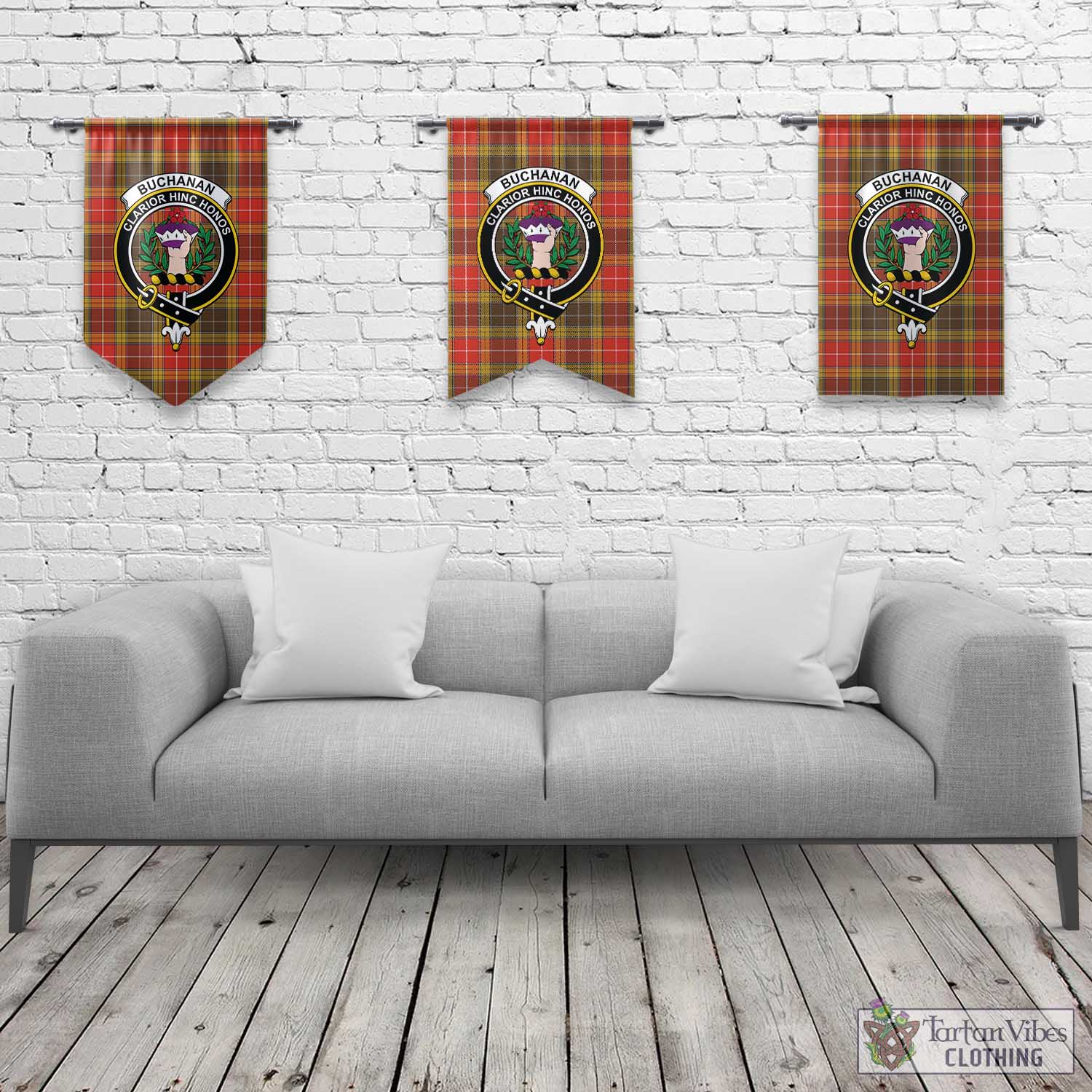 Tartan Vibes Clothing Buchanan Old Set Weathered Tartan Gonfalon, Tartan Banner with Family Crest