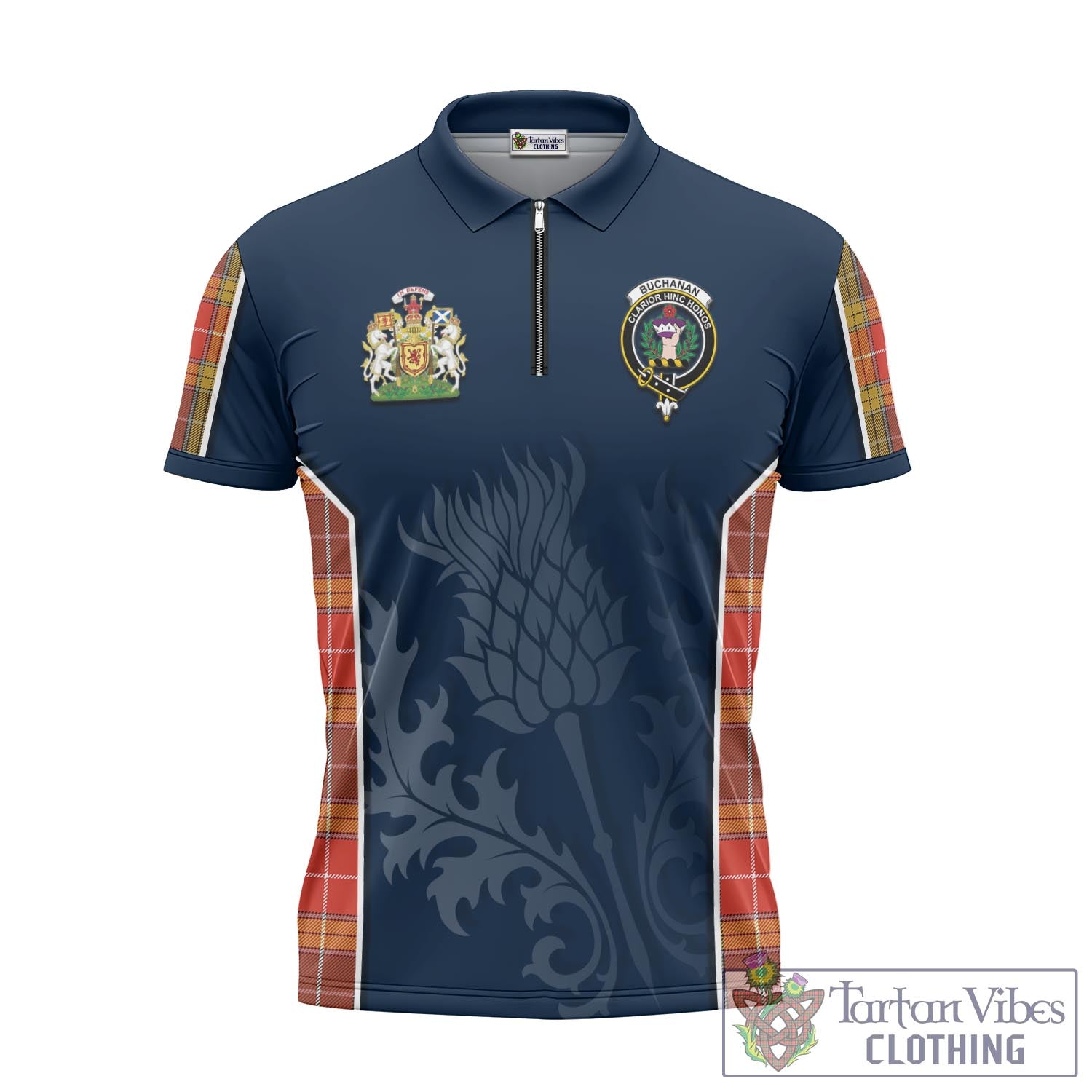 Tartan Vibes Clothing Buchanan Old Set Weathered Tartan Zipper Polo Shirt with Family Crest and Scottish Thistle Vibes Sport Style