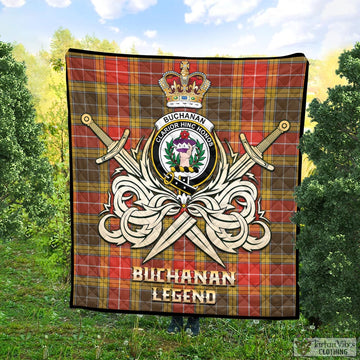 Buchanan Old Set Weathered Tartan Quilt with Clan Crest and the Golden Sword of Courageous Legacy