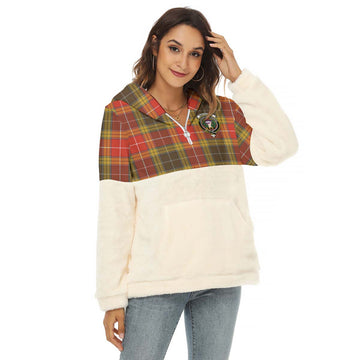 Buchanan Old Set Weathered Tartan Women's Borg Fleece Hoodie With Half Zip with Family Crest