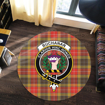 Buchanan Old Set Weathered Tartan Round Rug with Family Crest