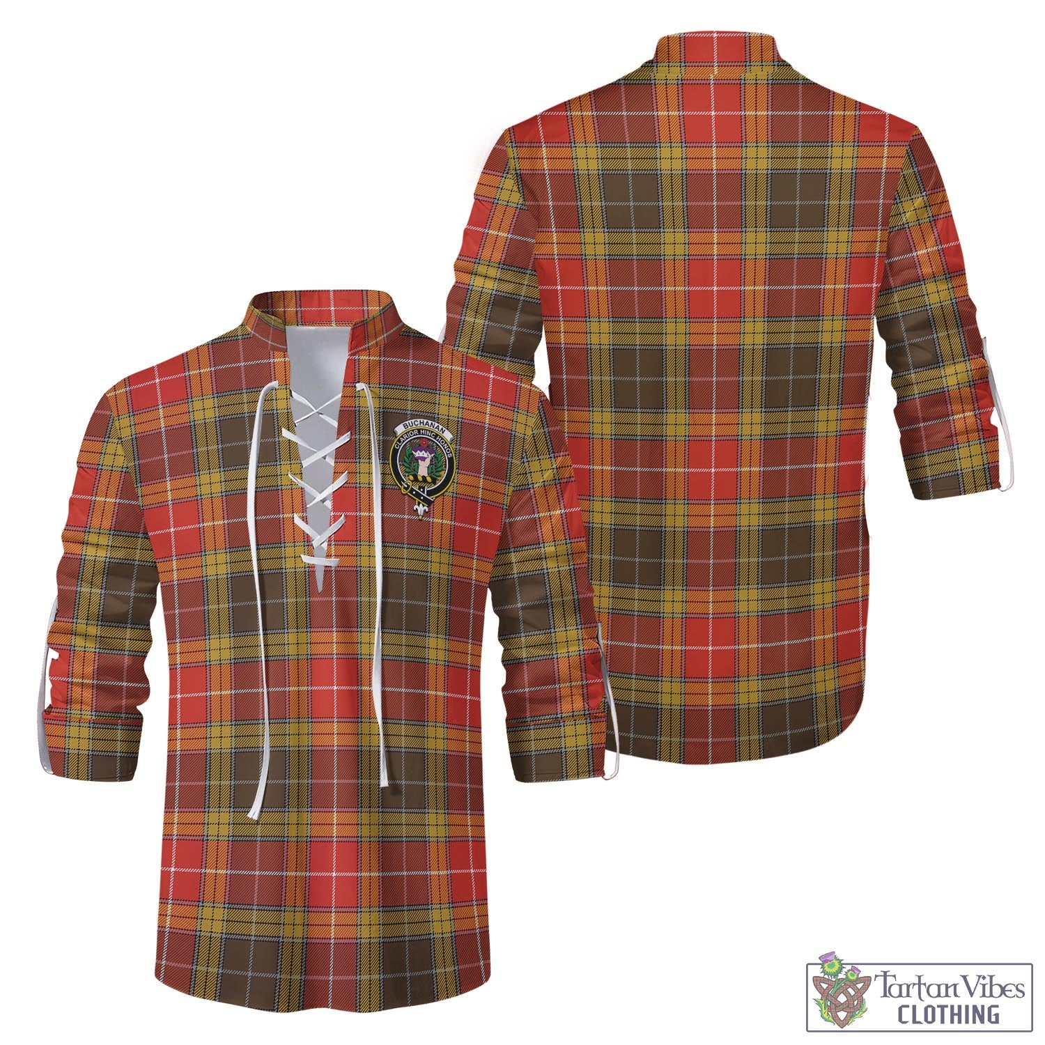 Tartan Vibes Clothing Buchanan Old Set Weathered Tartan Men's Scottish Traditional Jacobite Ghillie Kilt Shirt with Family Crest